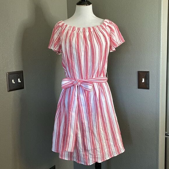 Michael Kors Red White Striped Textured Off Shoulder Mini Dress Tie Waist - Picture 1 of 10